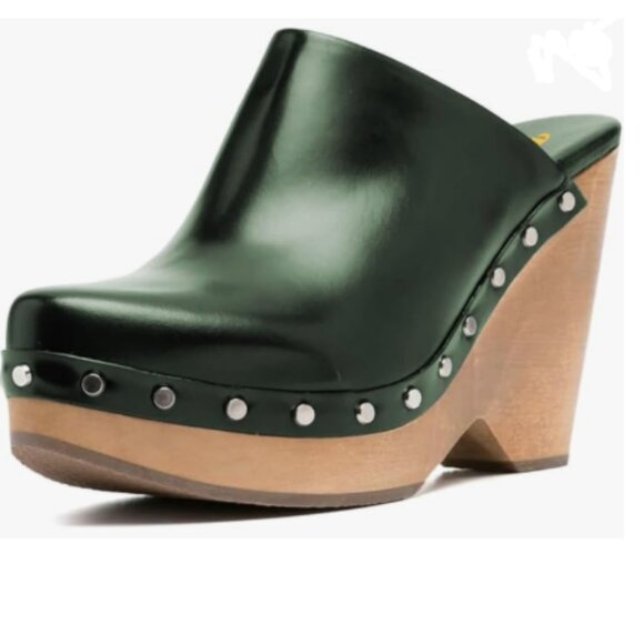FYS Dark Green Round Toe Slip on Mule Rivet Studded High Heel Wedges Dressy Shoe - Picture 1 of 8